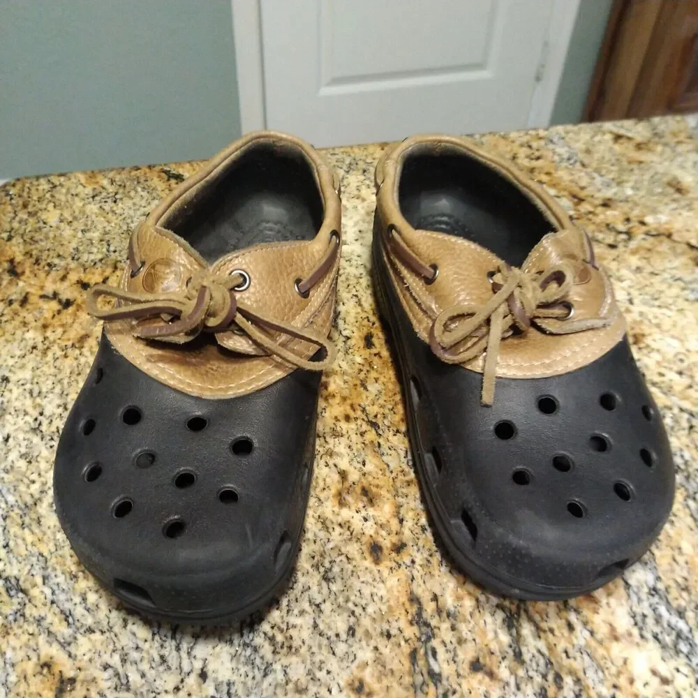 Crocs Islander Sport Pitcrew Black Brown Leather Sandals Lace up Size M6/W8